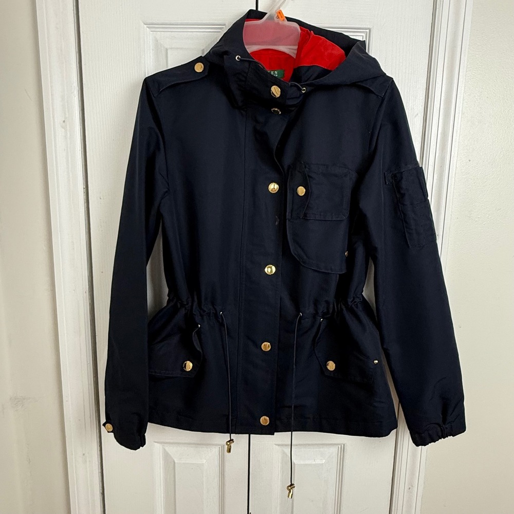 Lauren Ralph Lauren Navy Blue Hooded Field Jacket Gold Hardware Womens Small